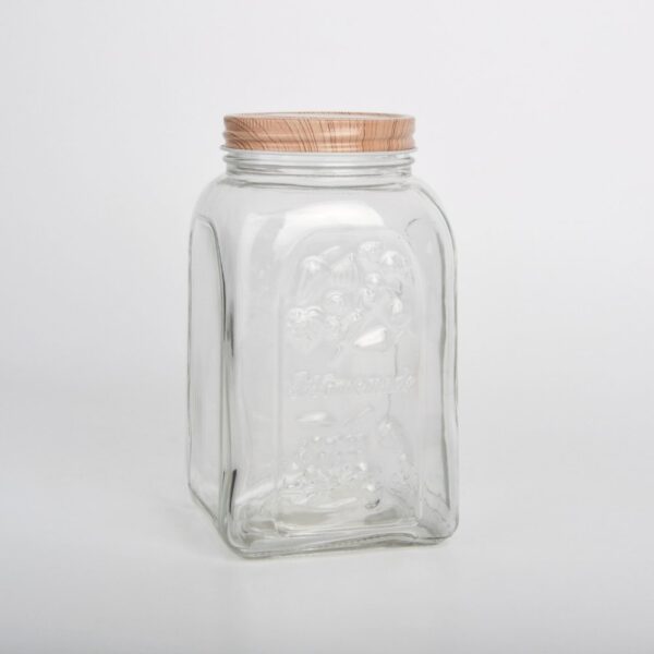 FRASCO DE VIDRIO CUADRADO CON TAPA METAL SIMIL MADERA 1500ML - (DCM-C5221)