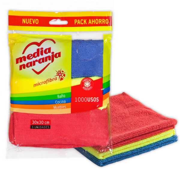 PAÑO MICROFIBRA MEDIA NARANJA 30x30 CM 1000 USOS PACK x 3 UNIDADES 80% POLIESTER 20% ALGODÓN - (MNJ-81423)