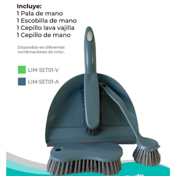 Set de limpieza plastico 4 piezas - 3 cepillos y palita - (TYT-LIMSET01)