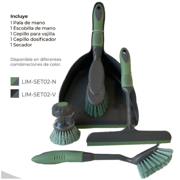 Set de limpieza plastico 5 piezas - limpiavidrios cepillos palita y dosificador - (TYT-LIMSET02)