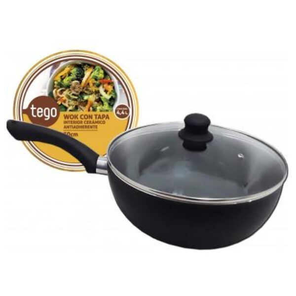 Wok ceramico negro con tapa de vidrio 30x9cm TEGO 2,3mm - (RYB-68157)